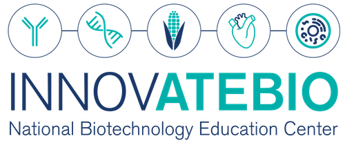 InnovateBio logo: five circles with graphics including y-shaped antibody, dna helix, corn cob, heart, and cell over text InnovateBio National Biotechnology Education Center