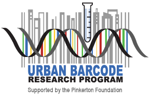 Urban Barcode Research Program logo with a DNA double helix and a test tube over a stylized New York City skyline.