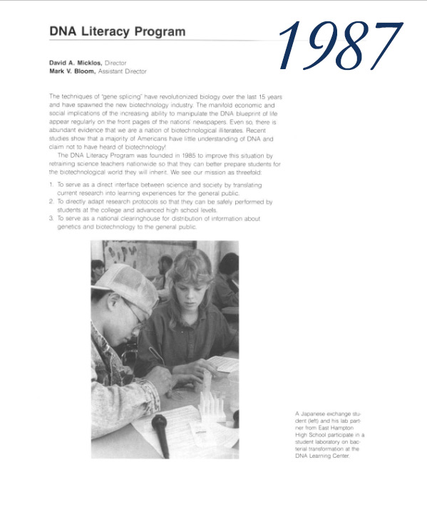 text and black and white photo of students in a lab classroom