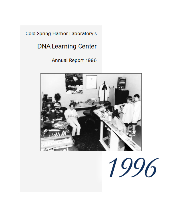 Annual report cover with black and white image of students in a museum exhibit about Barbara McClintock including a recreation of her laboratory