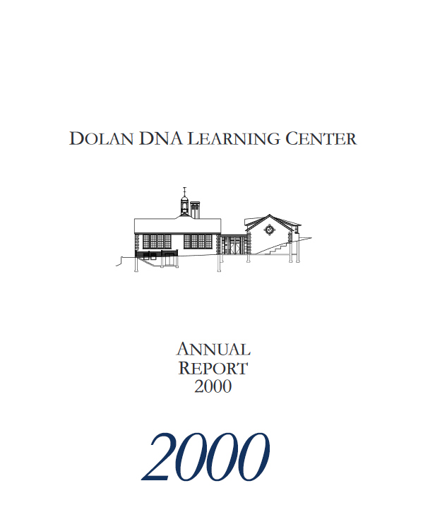 Annual report cover with black and white illustration of DNA Learning Center building