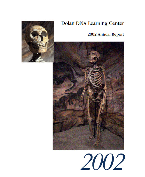 Annual report cover with a photo of a DNALC exhibit display including a standing recreation of a Neanderthal skeleton