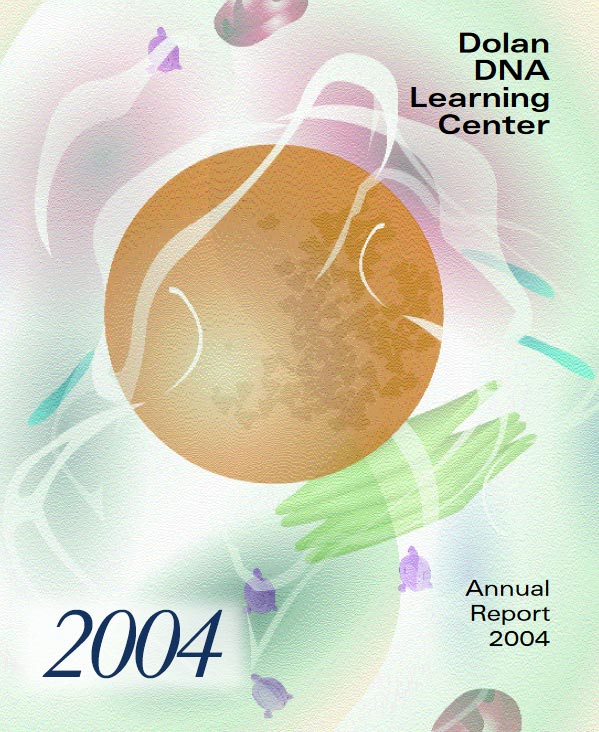 Annual report cover with a graphic of colorful cellualr organelles including nucleus, mitochondria, and golgi apparatus