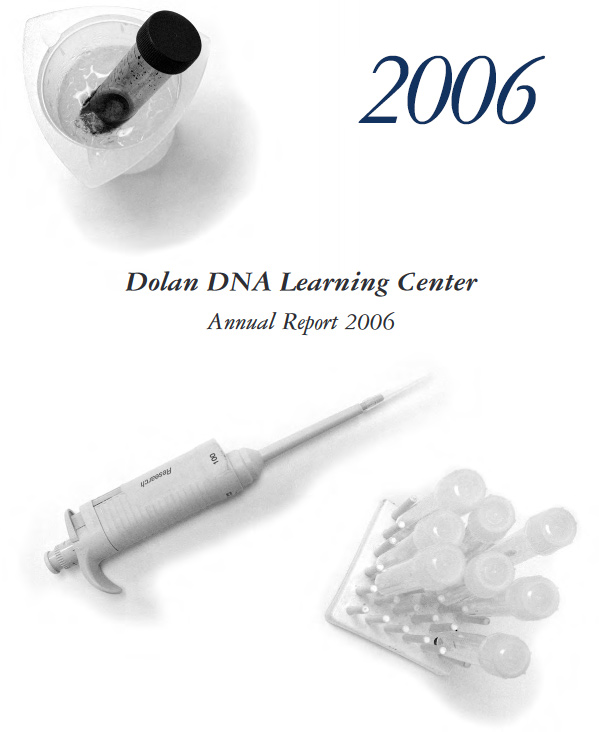 Annual report cover with black and white images of test tubes and a micropipet