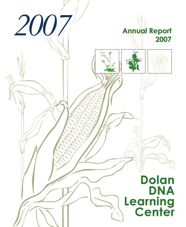 Annual report cover with sketches of corn, arabidopsis, pea, and wheat plants