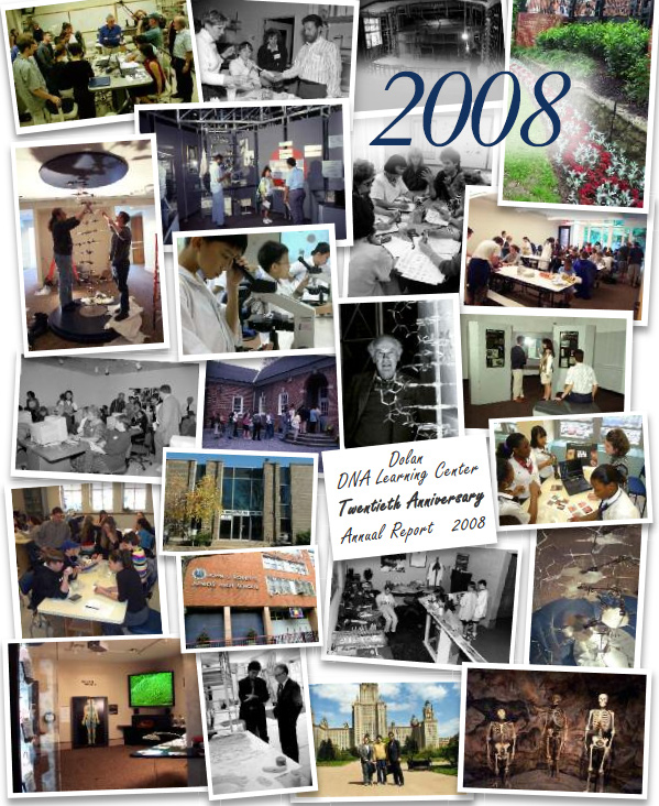 Annual report cover with a photo montage commemorating the DNALC's twentieth anniversary, including images of student and teacher participant, exhibits, DNALC locations, and visitors to the DNALC