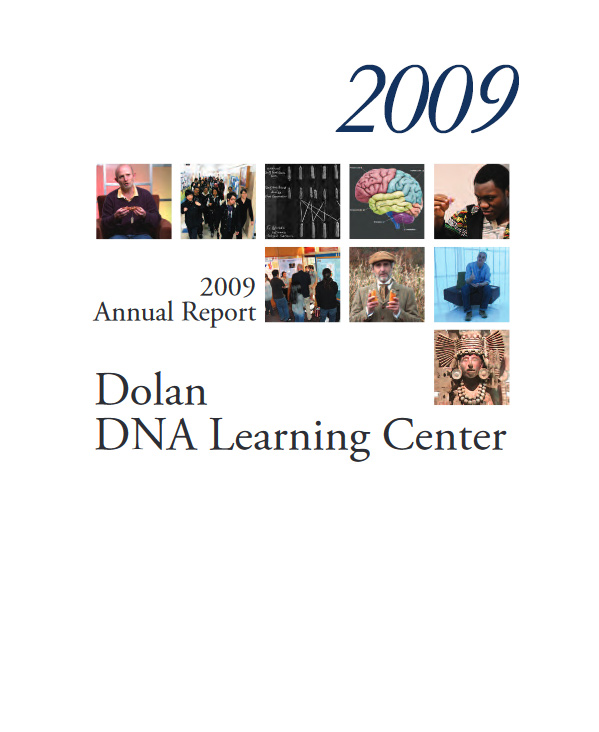 Annual report cover with color thumbnail images including video screengrabs, students, and a brain graphic from 3D Brain