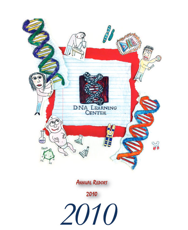 Annual report cover with a sketches of DNA chromosomes, lab equipment, and people in the lab