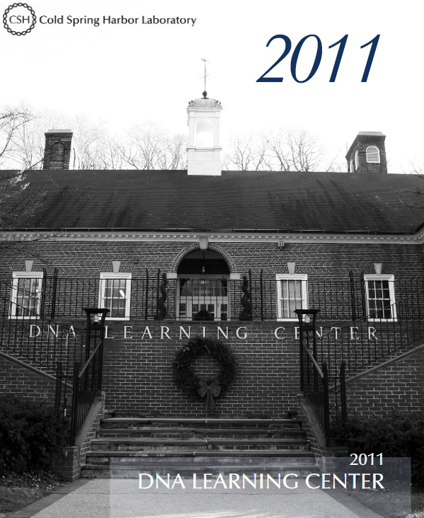 Annual report cover with black and white image of the DNA Learning Center brick building