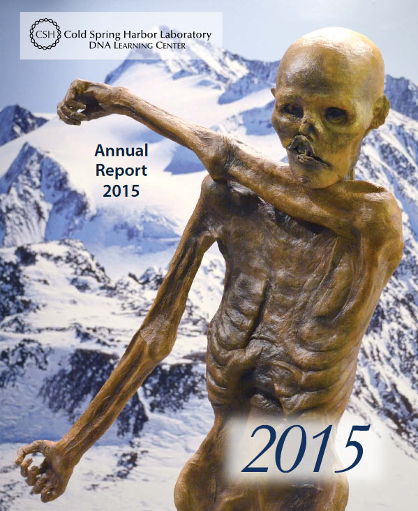 Annual report cover with a color photo of Ötzi the Iceman mummy recreation in front of a wall mural of the Alps