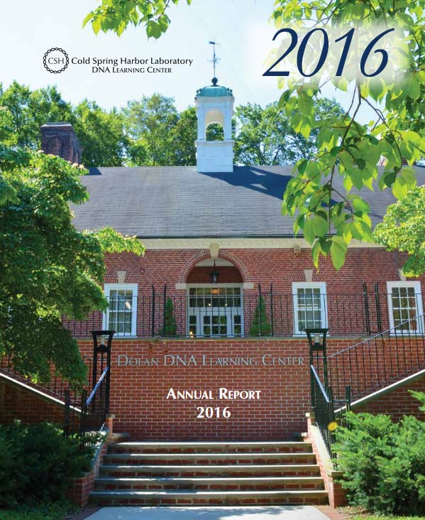 Annual report cover with color photo  of the DNA Learning Center red brick building on a bright sunny day in early summer