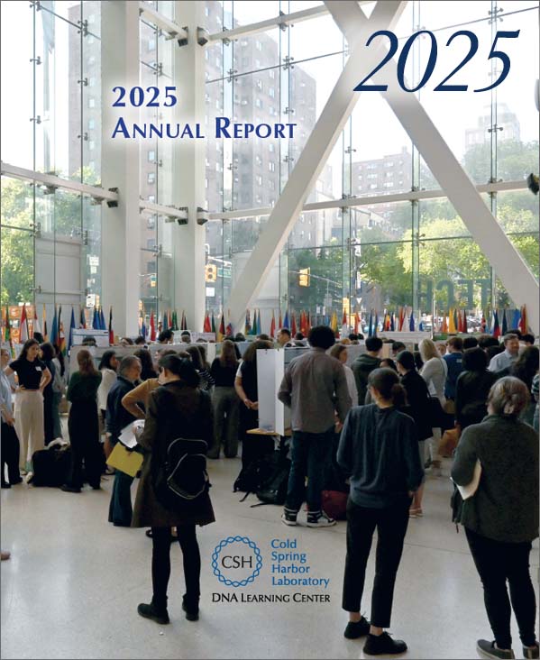 2025 Annual report cover includes people gathered at a student research poster session in a large room with tall windows overlooking a Brooklyn street
