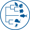  circle with simple line drawing of a phylogenetic tree with leaves, fish, snail and beetle silhouettes.