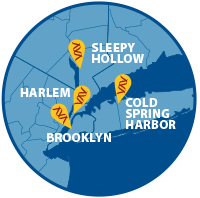 Map of NYC metro area with indicator pins for DNALC locations in Cold Spring Harbor, Brooklyn, Harlem, and Sleepy Hollow