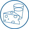 circle with simple line drawing of a triangular block holey cheese and a drinking glass with liquid in it
