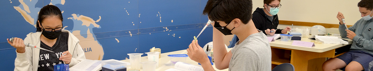 Wide view of four students in a DNALC lab classroom using micropipets.