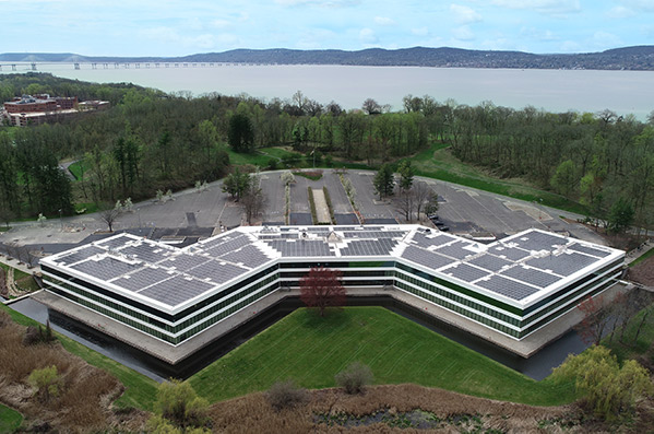 Regeneron DNA Learning Center building with Hudson River in the distance