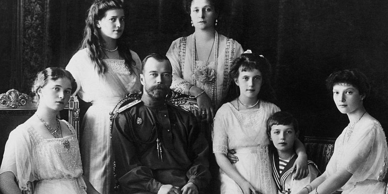 black and white photo of seven members of the Romanov family
