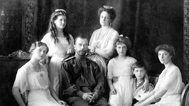 black and white photo of seven members of the Romanov family