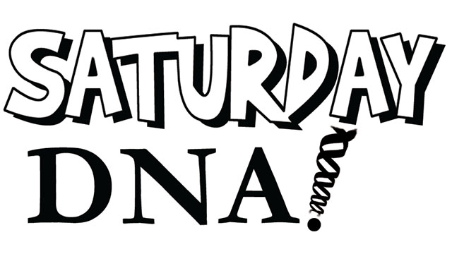 logo including Saturday DNA and an exclamation point made of a double helix graphic