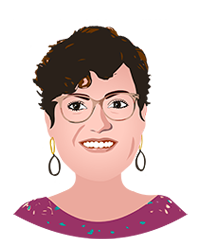 Head and shoulders illustration of light-skinned woman with short dark hair, eyeglasses, pink shirt, and hoop earrings 