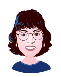 Head and shoulders illustration of light-skinned woman with short dark hair and eyeglasses, blue shirt