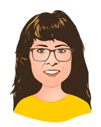 Head and shoulders illustration of light-skinned woman with very long dark hair and eyeglasses, yellow shirt