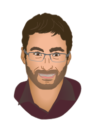 Head and shoulders illustration of light-skinned man with short brown hair and beard, eyeglasses, and burgundy shirt