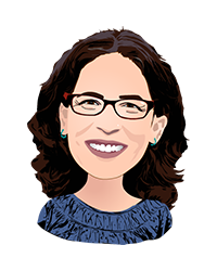 Head and shoulders illustration of light-skinned woman with shoulder length brown hair, eyeglasses, and green earrings, blue shirt