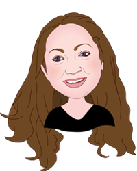 Head and shoulders illustration of light-skinned woman with long wavy brown hair, black shirt