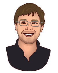 Head and shoulders illustration of light-skinned man with short brown hair, eyeglasses, and black shirt