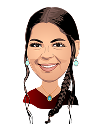 Head and shoulders illustration of light-skinned woman with braided brown hair, earrings, necklace, and red shirt 