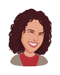 Head and shoulders illustration of woman with light skin and reddish brown curly hair with a red shirt and grey cardigan.