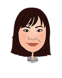 Head and shoulders illustration of ligt skinned Asian woman with shoulder length brown hair, white and black striped shirt