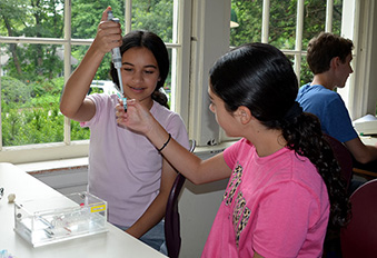 Students work together to pipette a liquid sample into a microcentrifuge tube in a summer science Camp