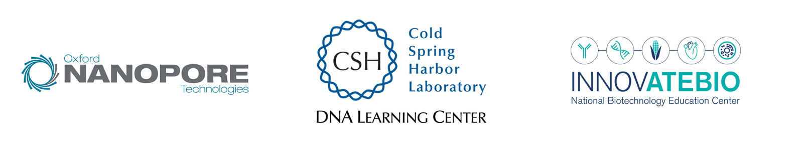 Logo of Oxford Nanopore, CSHL DNA Learning Center, and InnovATEBIO