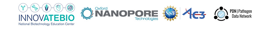 Logo of Innovatebio, Oxford Nanopore Technologies, NSF Arecibo C3, and Pathogen Data Network